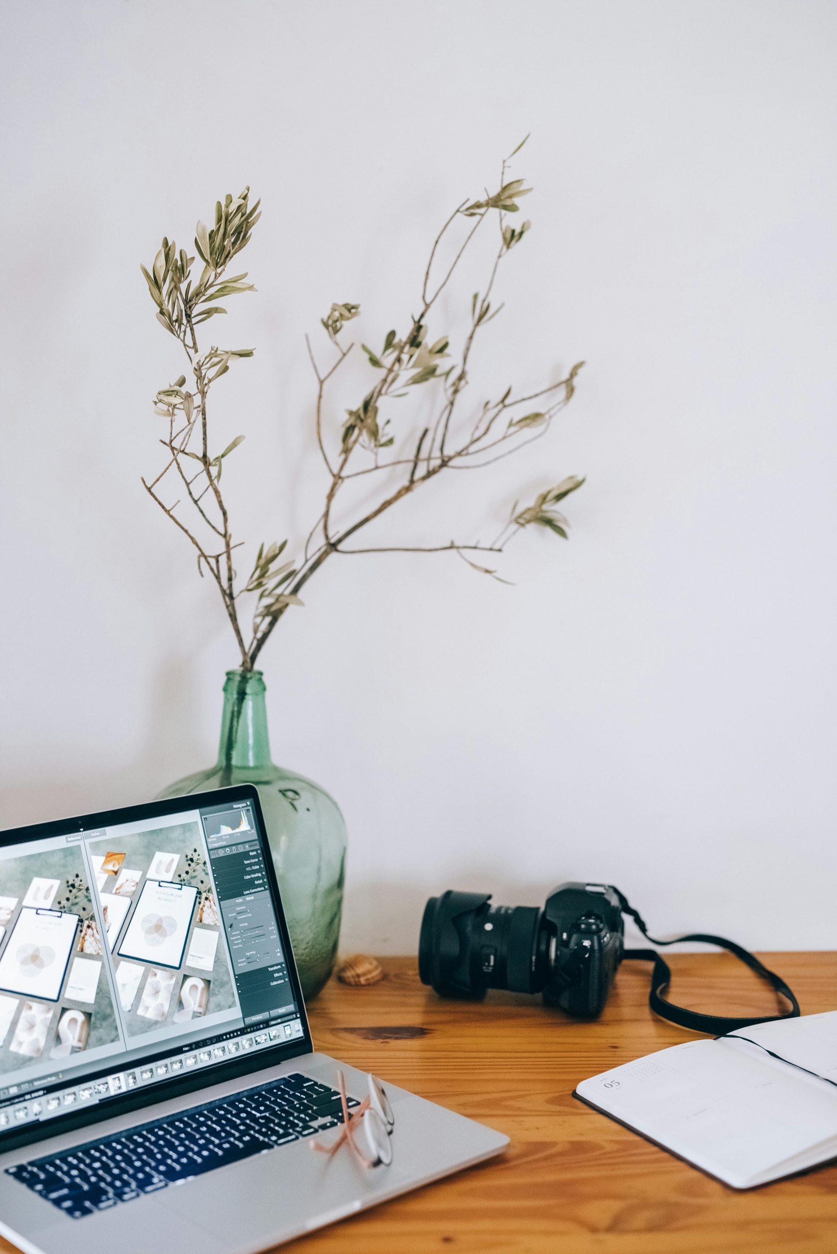 Stylish workspace featuring a laptop, camera, and plant vase on a wooden desk.